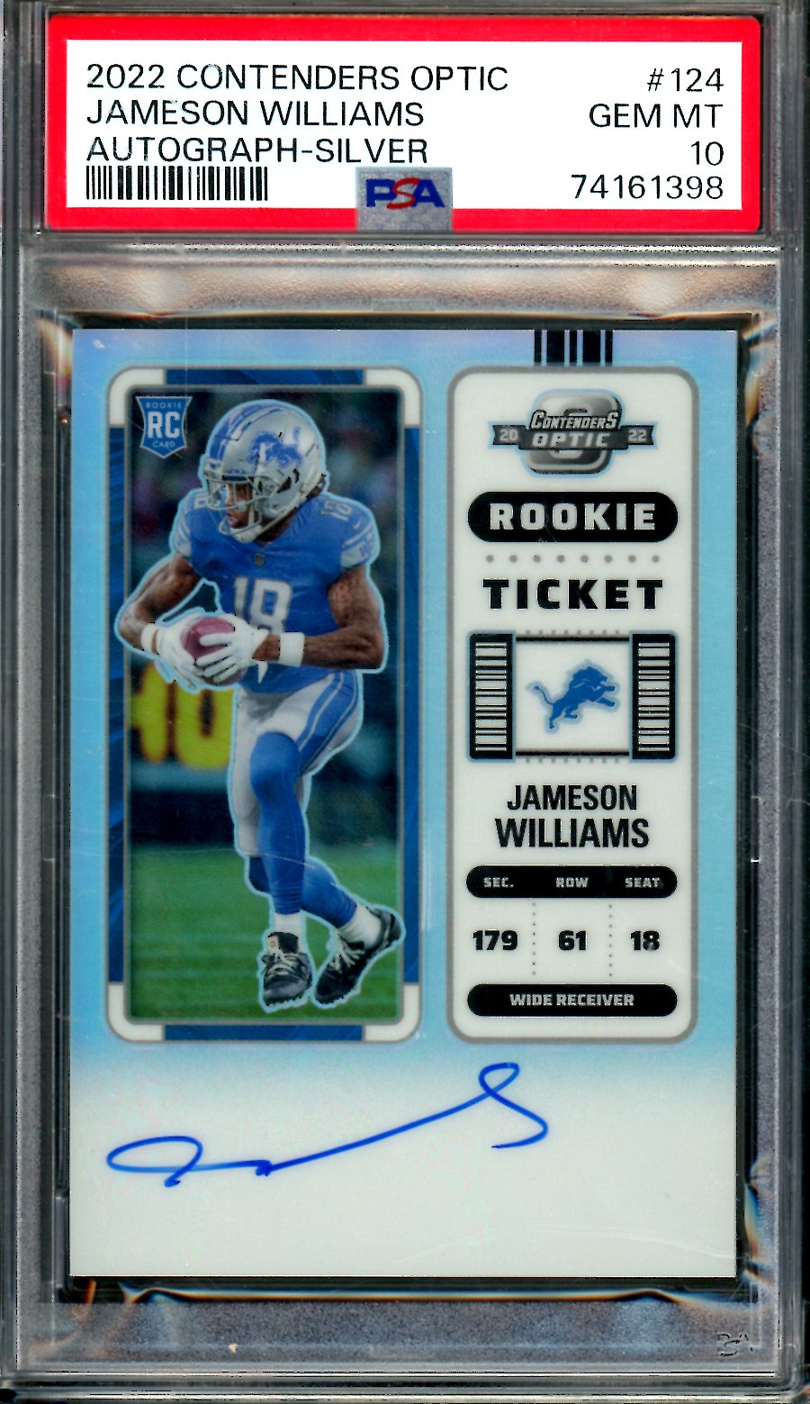 2022 Panini Contenders Optic Jameson Williams Rookie Ticket Auto Silver PSA 10 Lions