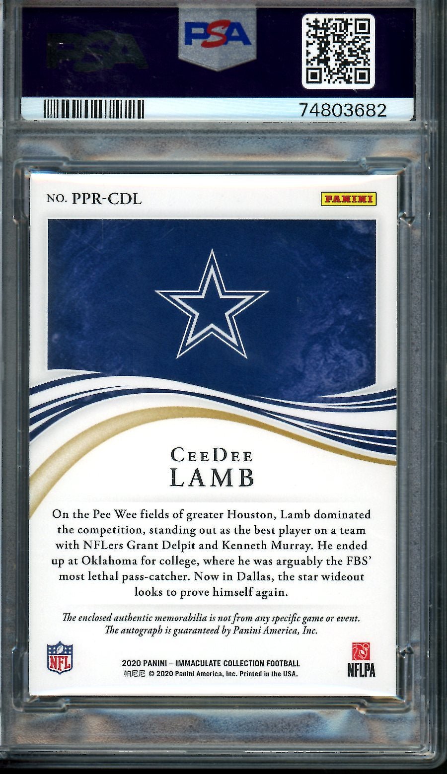 2020 Panini Immaculate CeeDee Lamb Rookie RPA /75 PSA 9 Cowboys