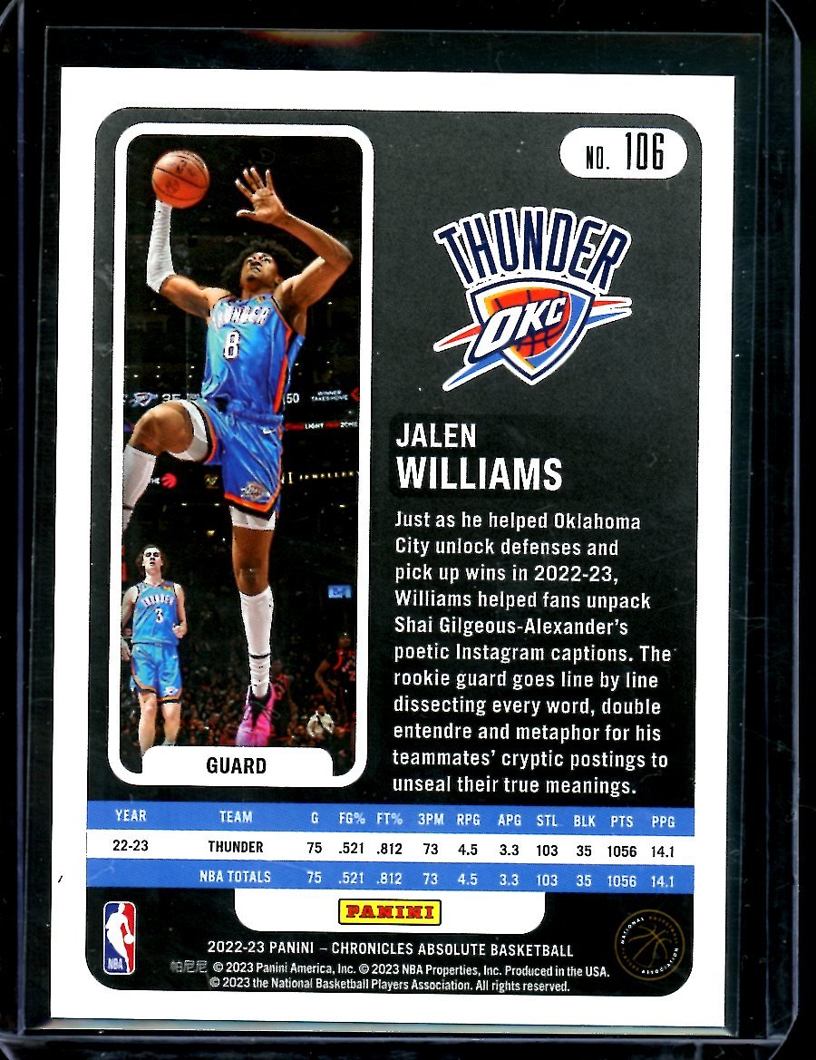 2022 - 23 Panini Chronicles Absolute Jalen Williams Rookie Wave /25 Thunder - Trading Card Market