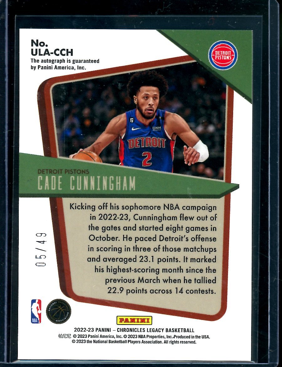 2022 - 23 Panini Chronicles Legacy Cade Cunningham Under the Lights Auto /49 Pistons - Trading Card Market