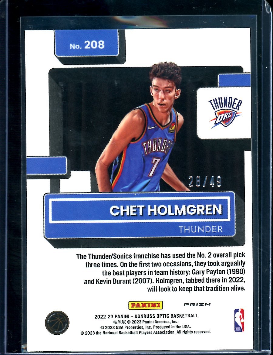 2022 - 23 Panini Optic Chet Holmgren Rookie Blue /49 Thunder - Trading Card Market