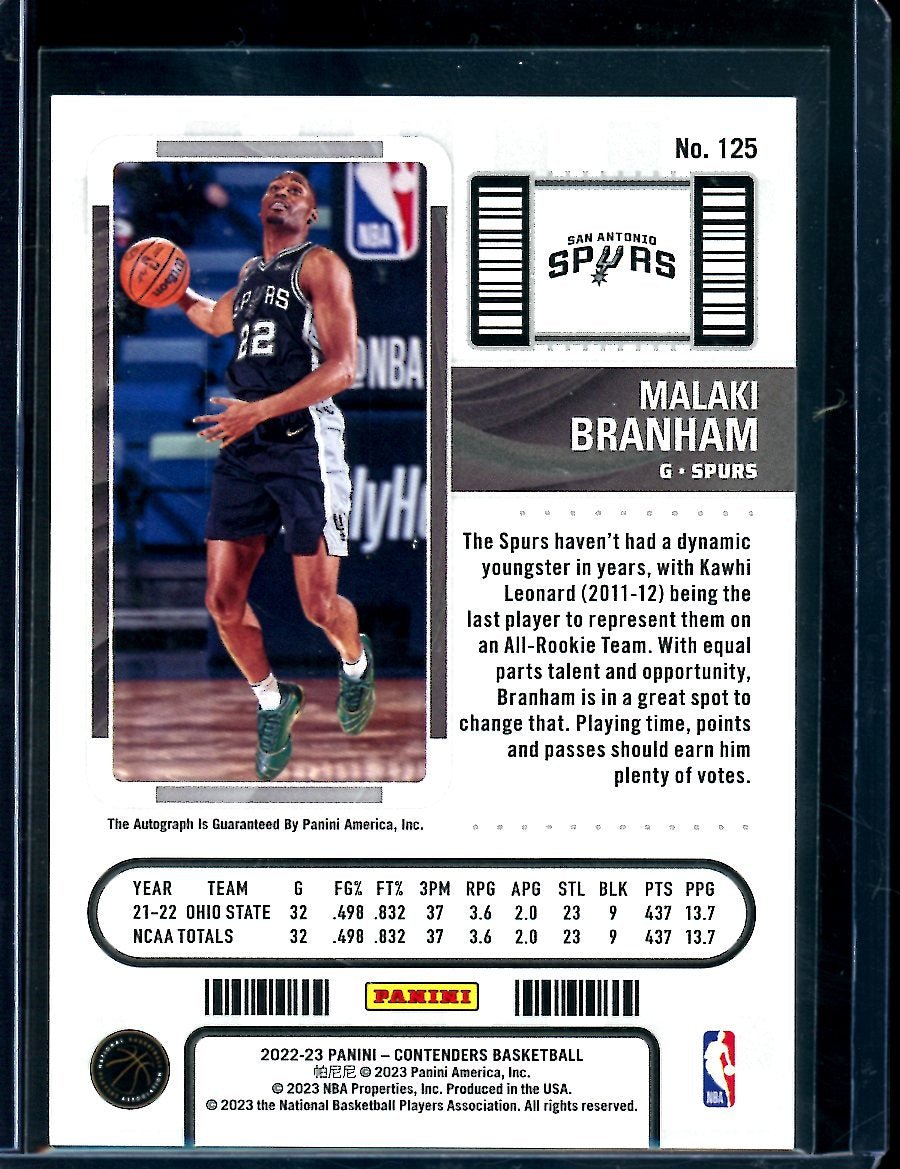 2022 - 23 Panini Contenders Malaki Branham Rookie Ticket Auto /99 Spurs - Trading Card Market