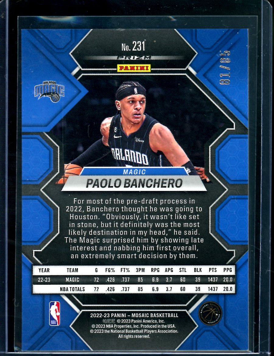 2022 - 23 Panini Mosaic Paolo Banchero Rookie Blue Disco /85 Magic - Trading Card Market