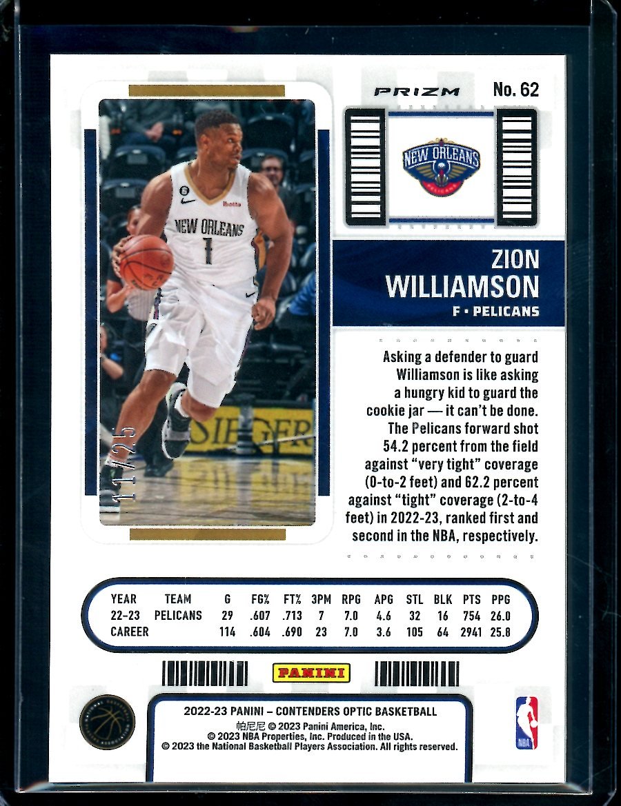 2022 - 23 Panini Contenders Optic Zion Williamson Green Pulsar /25 Pelicans - Trading Card Market