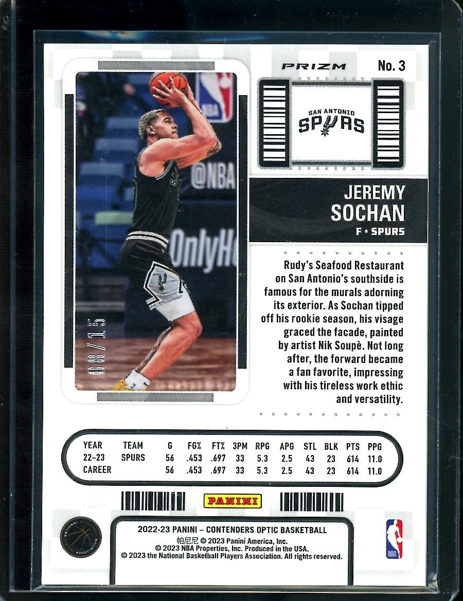 2022 - 23 Panini Contenders Optic Jeremy Sochan Rookie Purple /15 Spurs - Trading Card Market