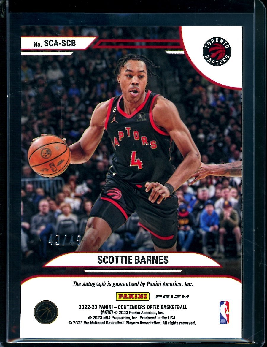 2022 - 23 Panini Contenders Optic Scottie Barnes Sophomore Contenders Auto Blue /49 Raptors - Trading Card Market