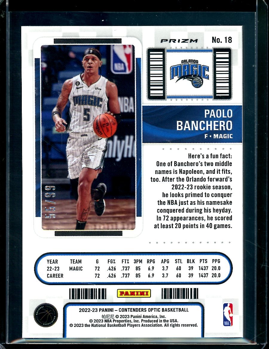 2022 - 23 Panini Contenders Optic Paolo Banchero Rookie Blue /99 Magic - Trading Card Market
