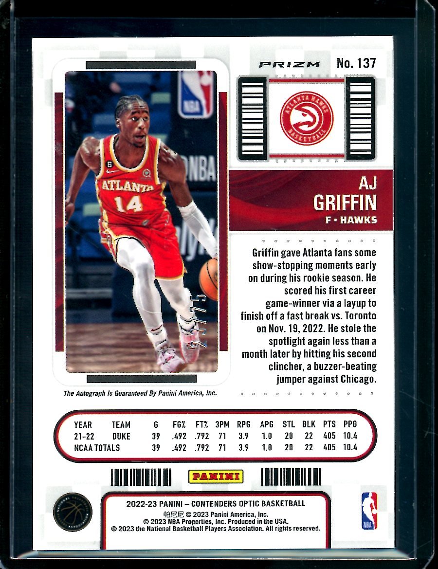2022 - 23 Panini Contenders Optic AJ Griffin Rookie Ticket Auto Green /75 - Trading Card Market