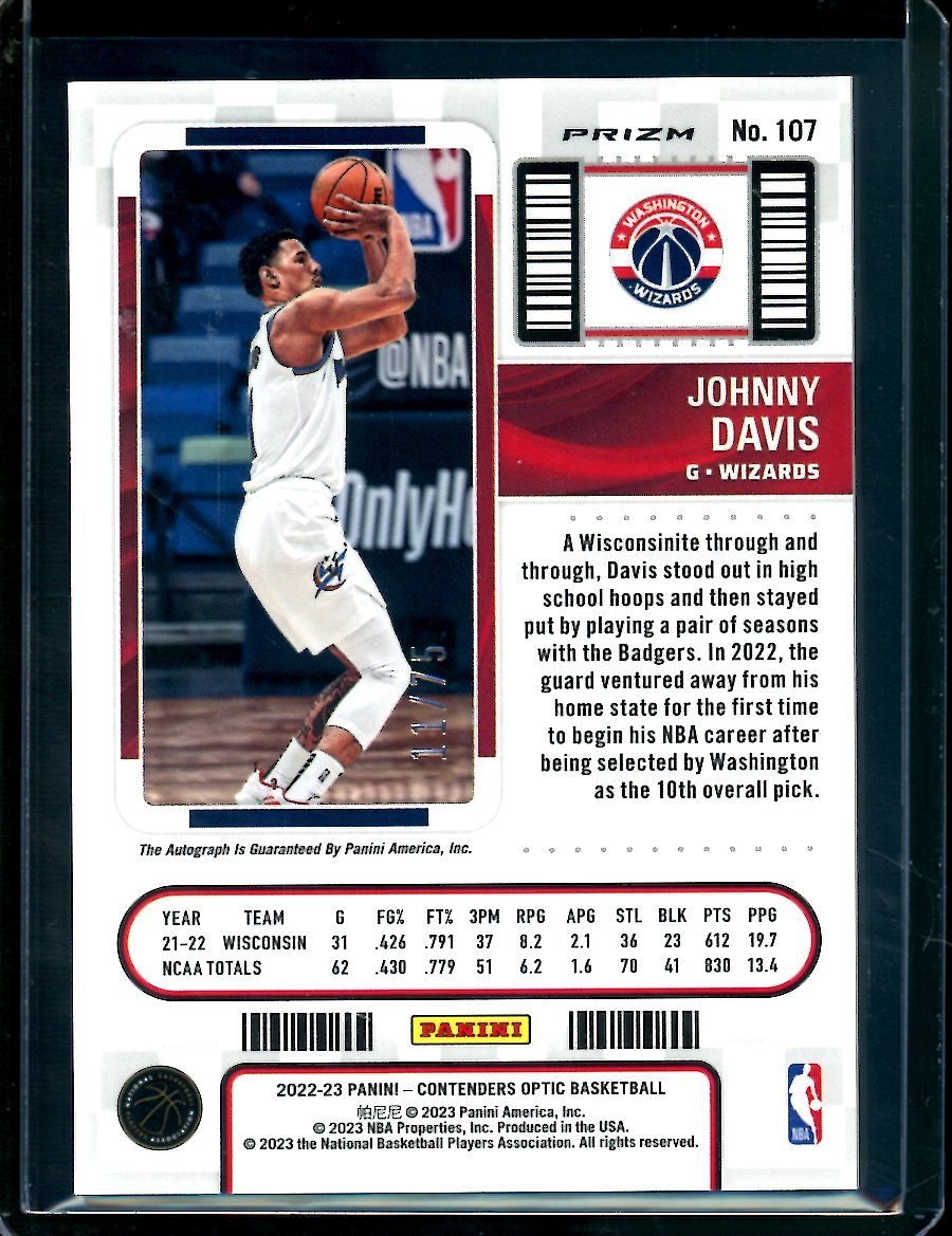 2022 - 23 Panini Contenders Optic Johnny Davis Rookie Ticket Auto Green /75 Wizards - Trading Card Market