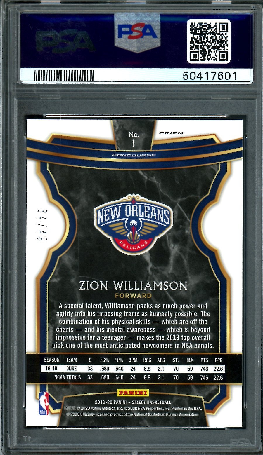 2019-20 Panini Select Zion Williamson Rookie Red Disco /49 PSA 10 Pelicans