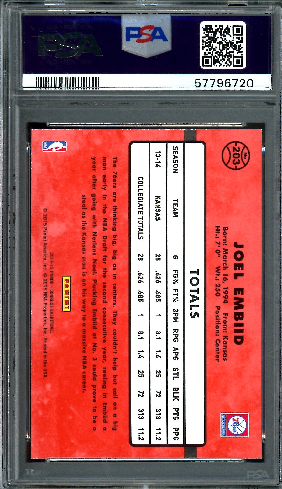 2014-15 Panini Donruss Joel Embiid Rated Rookie PSA 9 76ers