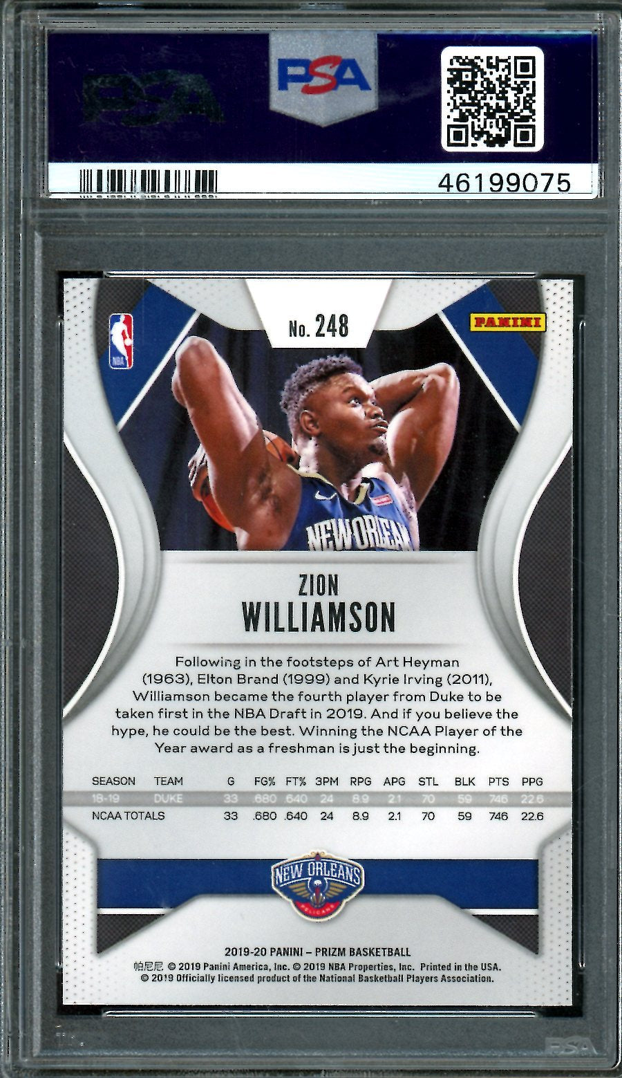 2019-20 Panini Prizm Zion Williamson Rookie PSA 9 Pelicans