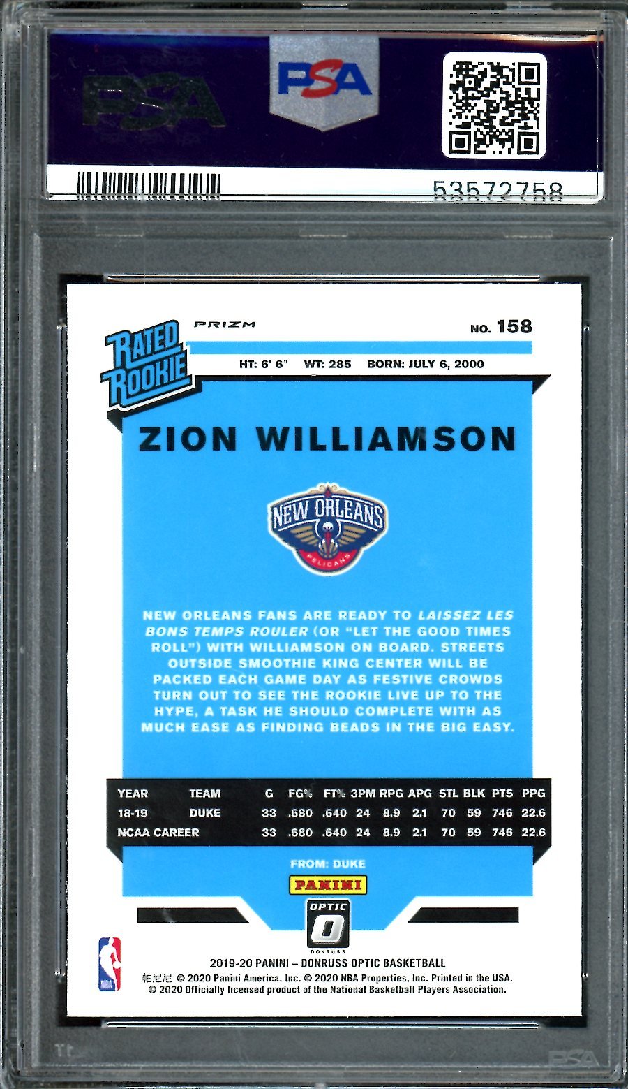 2019 - 20 Panini Optic Zion Williamson Rookie Blue Velocity PSA 9 Pelicans - Trading Card Market