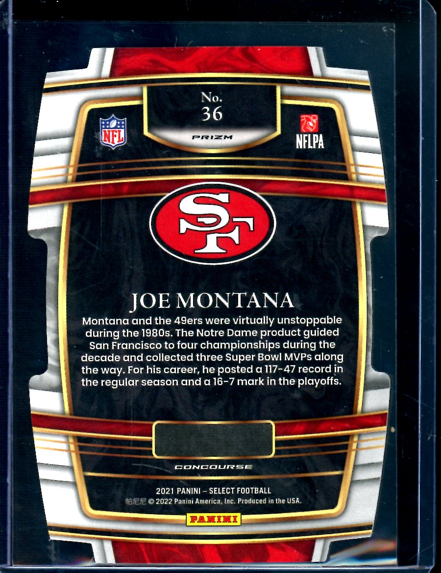 2021 Panini Select Joe Montana Die-Cut Zebra SSP 49ers