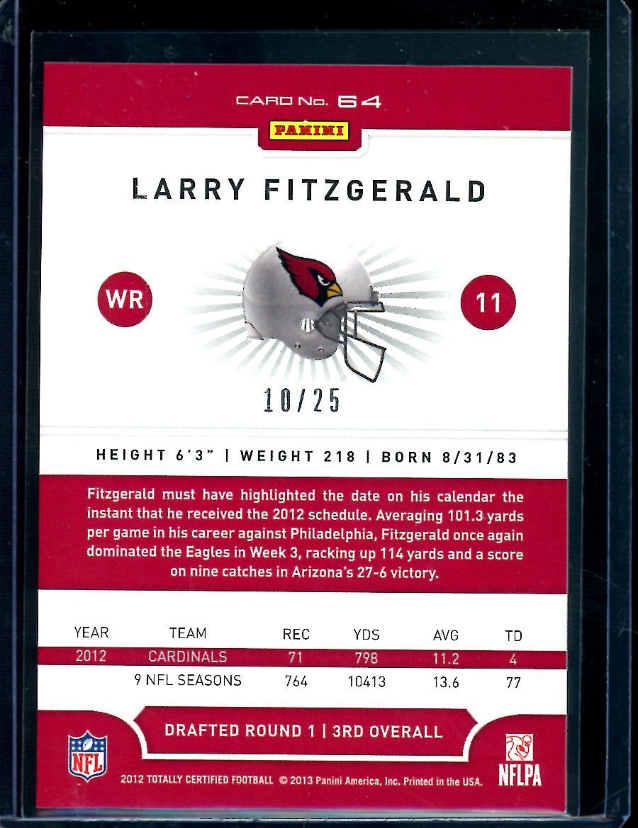 2012 Panini Totally Certified Larry Fitzgerald Platinum Gold /25 Cardinals - Trading Card Market