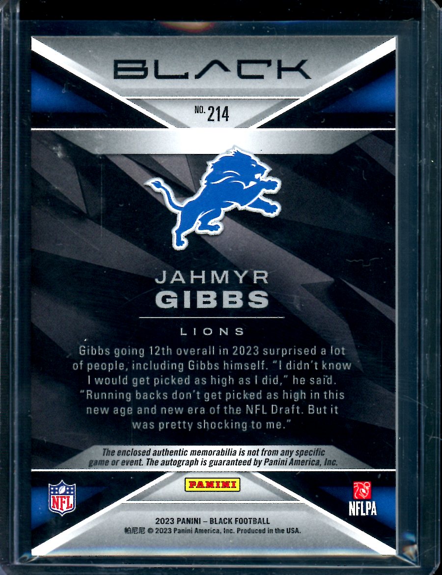 2023 Panini Black Jahmyr Gibbs Rookie RPA /99 Lions