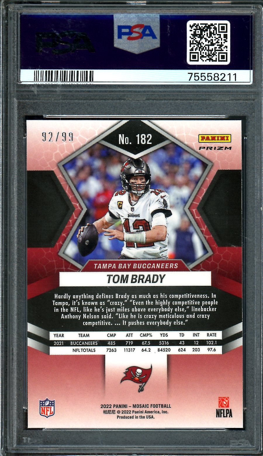 2022 Panini Mosaic Tom Brady Blue Mosaic /99 PSA 10 Buccaneers