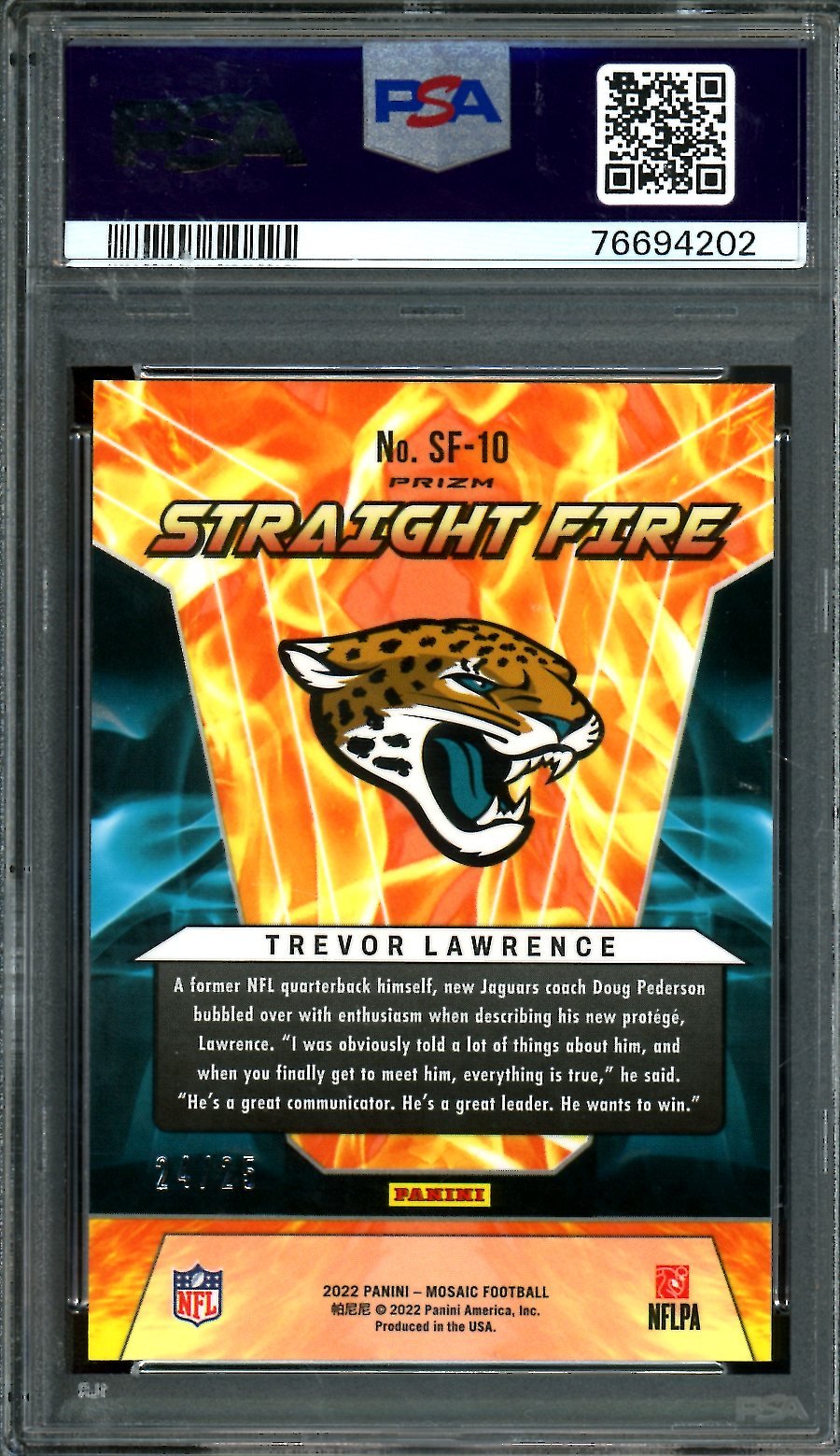 2022 Panini Mosaic Trevor Lawrence Straight Fire White Mosaic /25 PSA 9 Jaguars - Trading Card Market