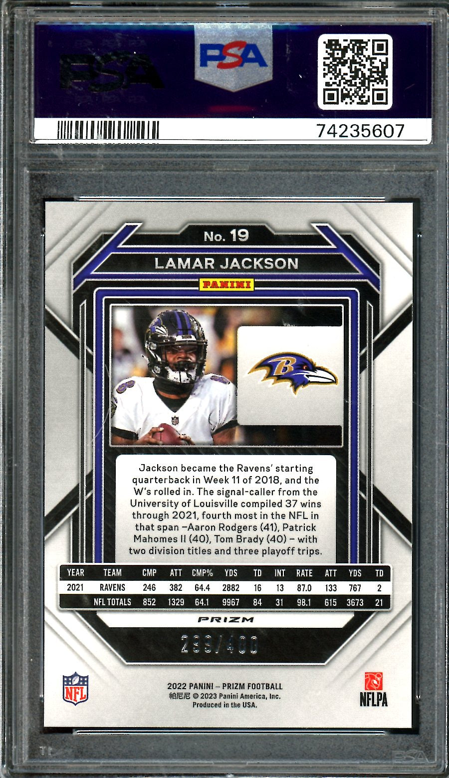 2022 Panini Prizm Lamar Jackson Pandora /400 PSA 10 Ravens
