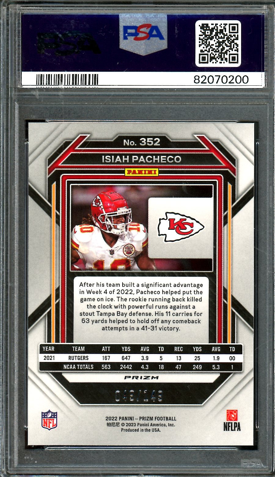 2022 Panini Prizm Isiah Pacheco Rookie Red Wave /149 PSA 10 Chiefs