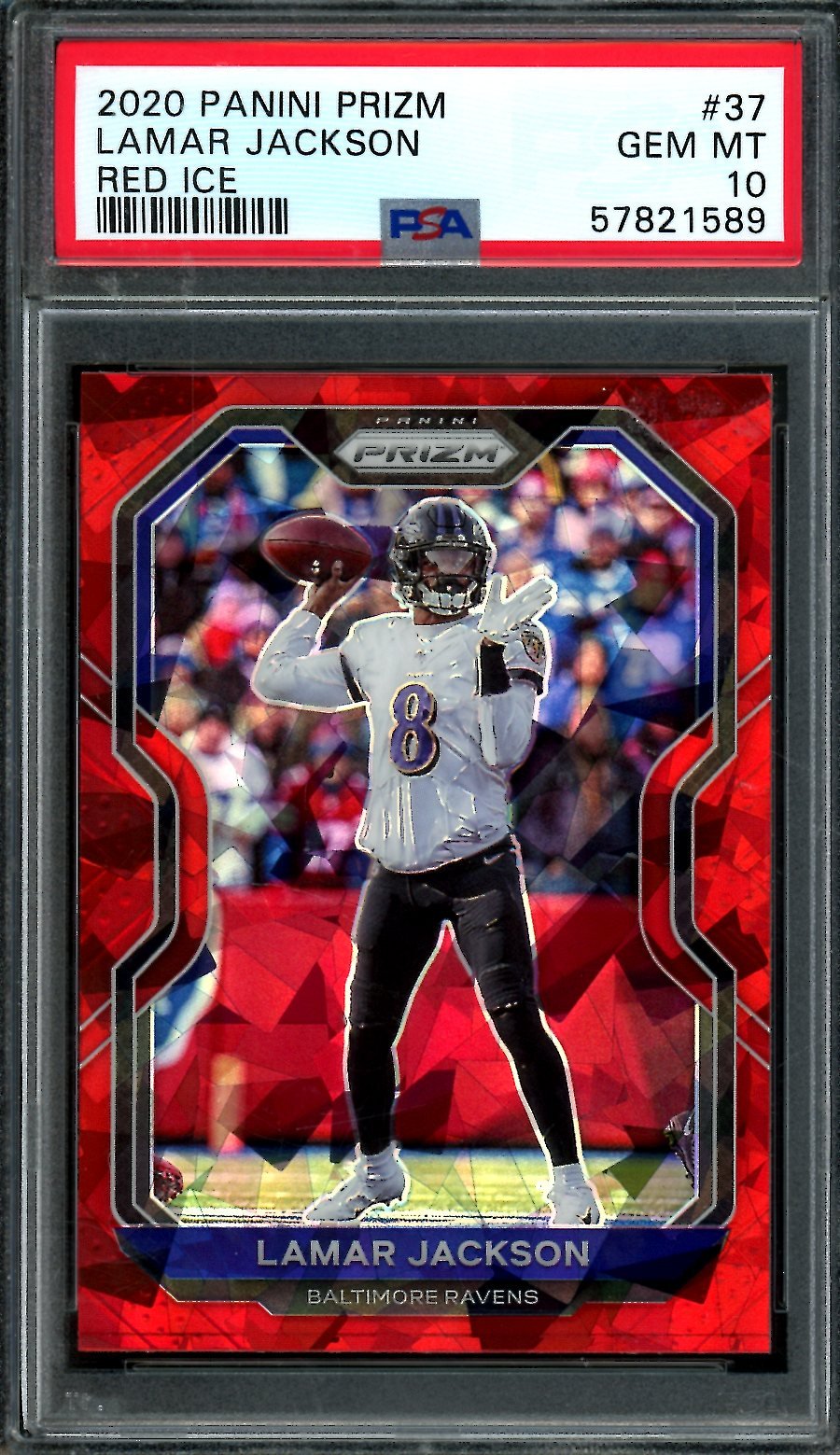 2020 Panini Prizm Lamar Jackson Red Ice PSA 10 Ravens