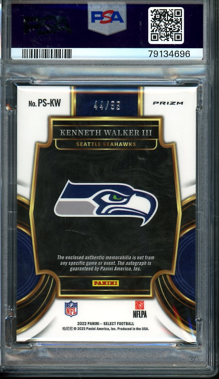 2022 Panini Select Kenneth Walker III Rookie Prime Selections Signature /99 PSA 9 Seahawks