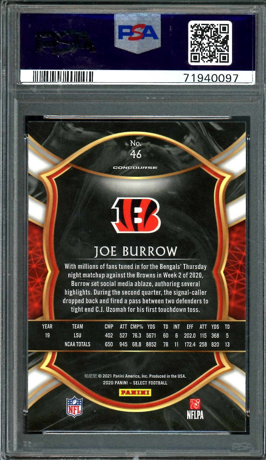 2020 Panini Select Joe Burrow Rookie PSA 10 Bengals - Trading Card Market