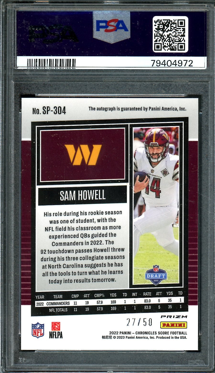 2022 Panini Chronicles Score Sam Howell SP Rookie UPD Signature Gold Zone /50 PSA 10 Commanders - Trading Card Market