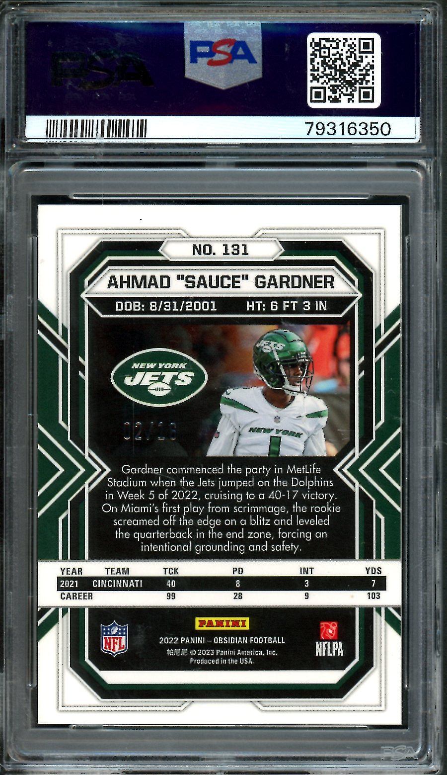 2022 Panini Obsidian Ahmad "Sauce" Gardner Rookie Electric Etch Purple Flood /16 PSA 9 Jets