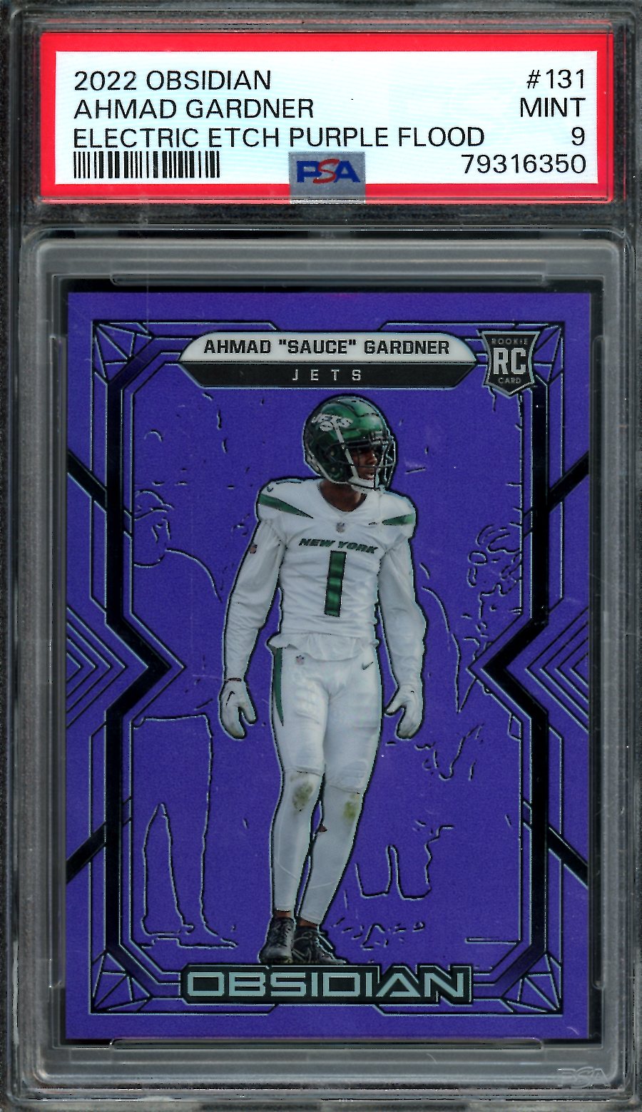 2022 Panini Obsidian Ahmad "Sauce" Gardner Rookie Electric Etch Purple Flood /16 PSA 9 Jets