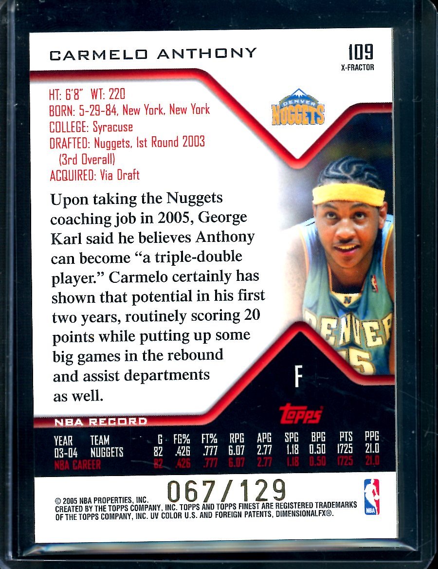 2005 Topps Finest Carmelo Anthony X - Fractor Game Worn Patch /129 Nuggets - Trading Card Market