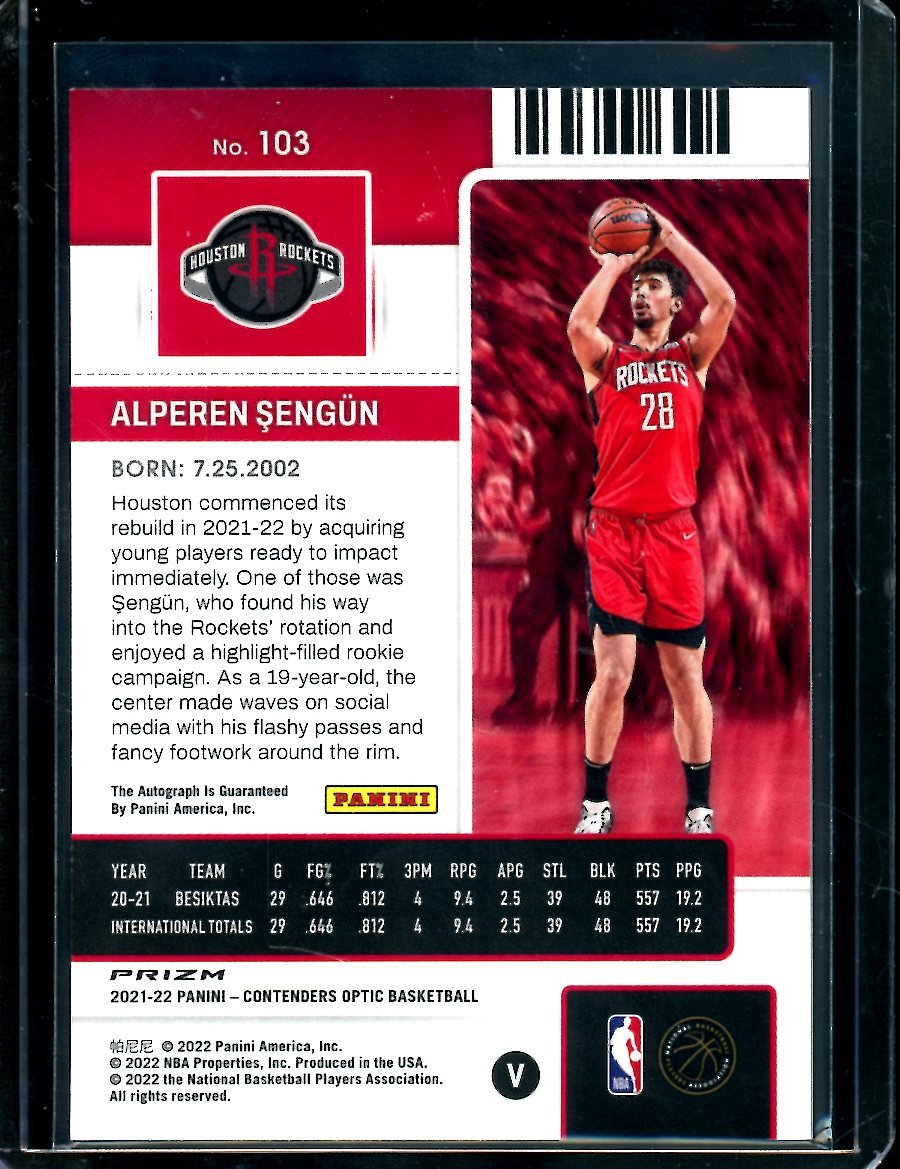 2021/22 Panini Contenders Optic Alperen Sengun Rookie Ticket Silver Autograph Rockets - Trading Card Market
