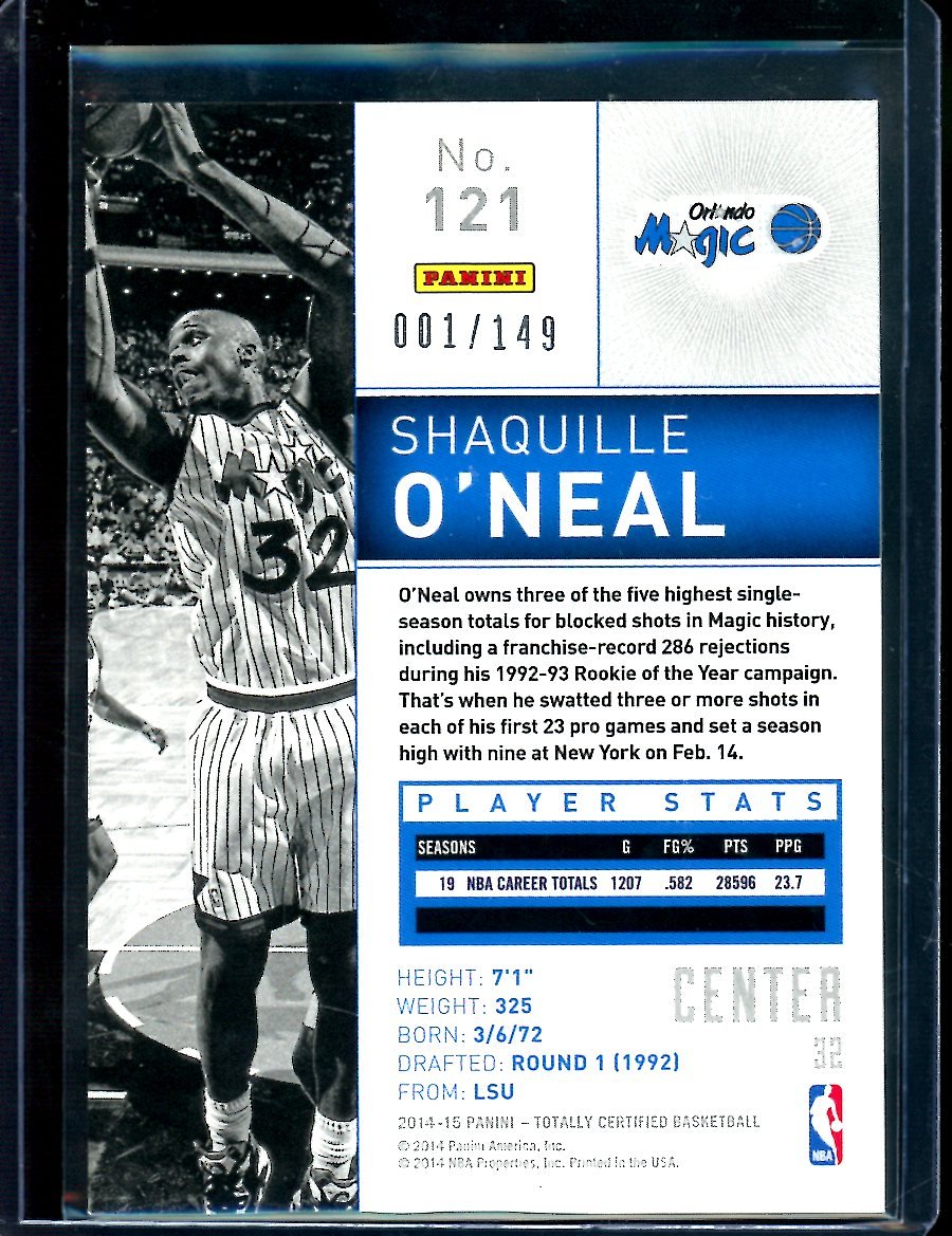 2014/15 Panini Totally Certified Shaquille O'Neal Blue 001/149 Magic - Trading Card Market