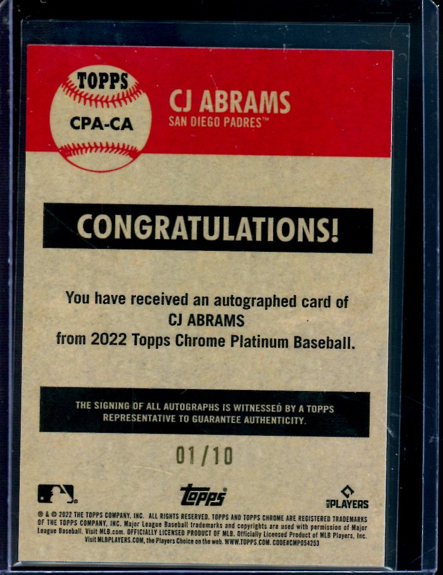 2022 Topps Chrome Platinum Anniversary CJ Abrams Rookie Autograph Black /10 Padres - Trading Card Market