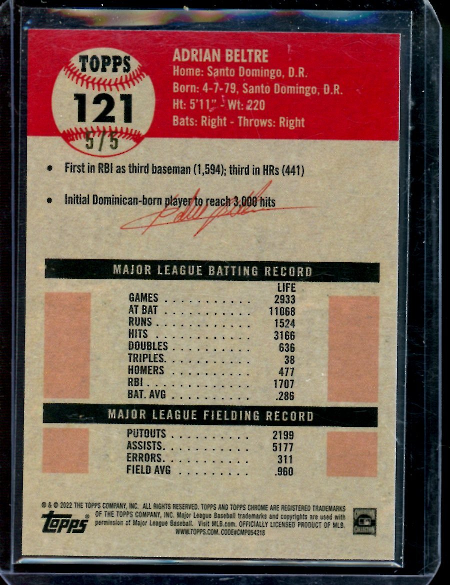 2022 Topps Chrome Platinum Anniversary Adrian Beltre Red /5 Rangers