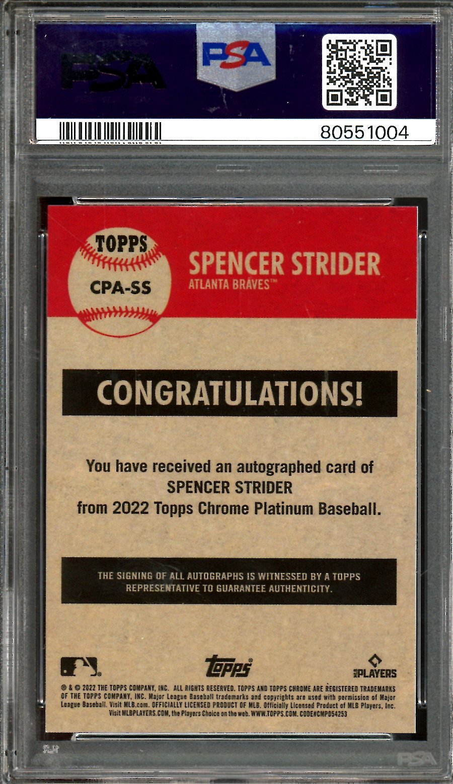 2022 Topps Platinum Anniversary Spencer Strider Rookie Autograph PSA 10 Braves - Trading Card Market