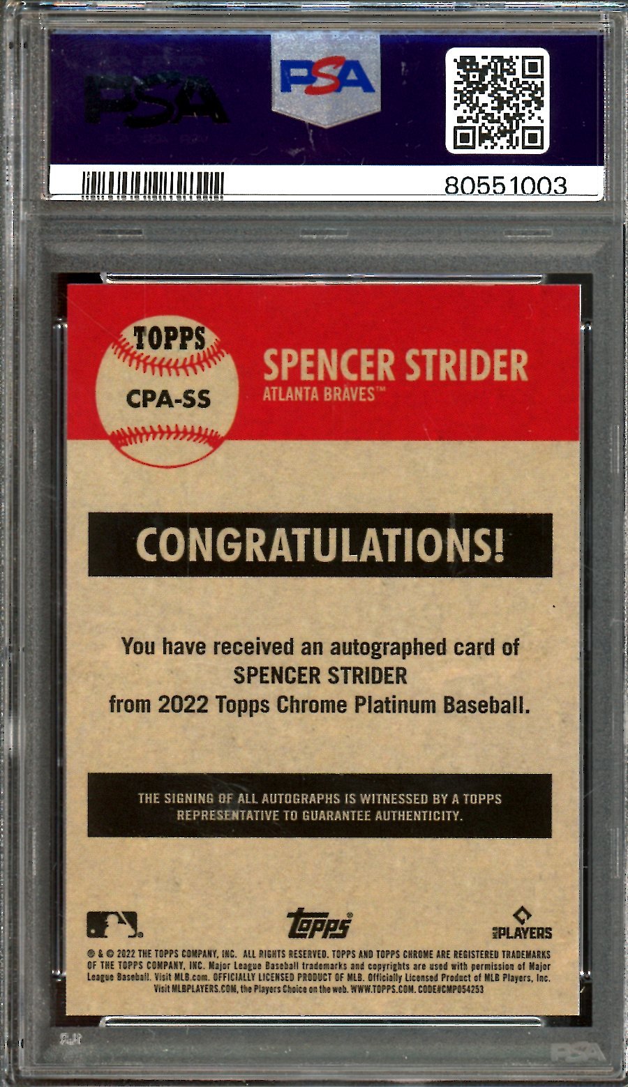 2022 Topps Platinum Anniversary Spencer Strider Rookie Autograph PSA 9 Braves - Trading Card Market