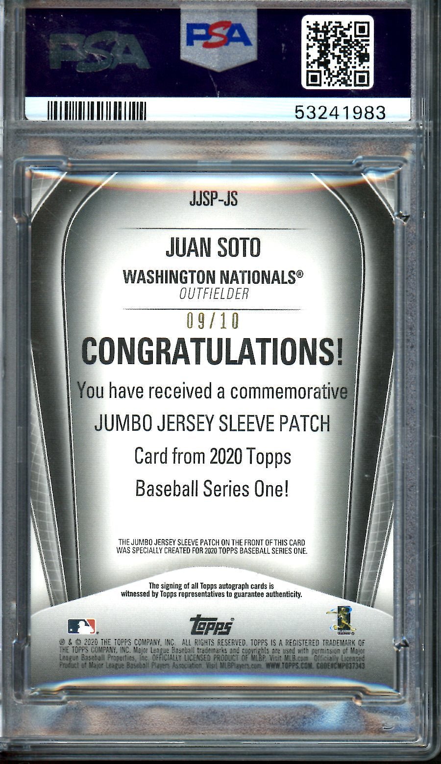 2020 Topps Series 1 Juan Soto Jumbo Jersey Sleve Patch Autograph /10 PSA 8 Nationals