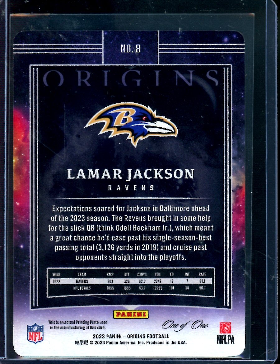 2023 Panini Origins Lamar Jackson Printing Plate 1/1 Ravens
