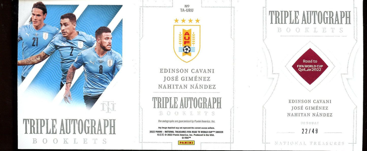 2022 Panini National Treasures Edinson Cavani/Jose Gimenez/Nahitan Nandez Triple Booklet Autograph /49 Uruguay