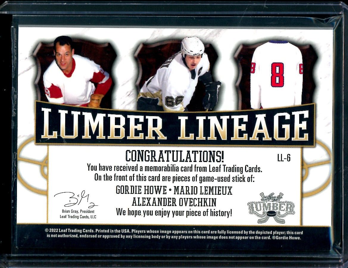 2022 Leaf Lumber Gordie Howe/Mario Lemieux/Alexander Ovechkin Triple Patch /6 - Trading Card Market