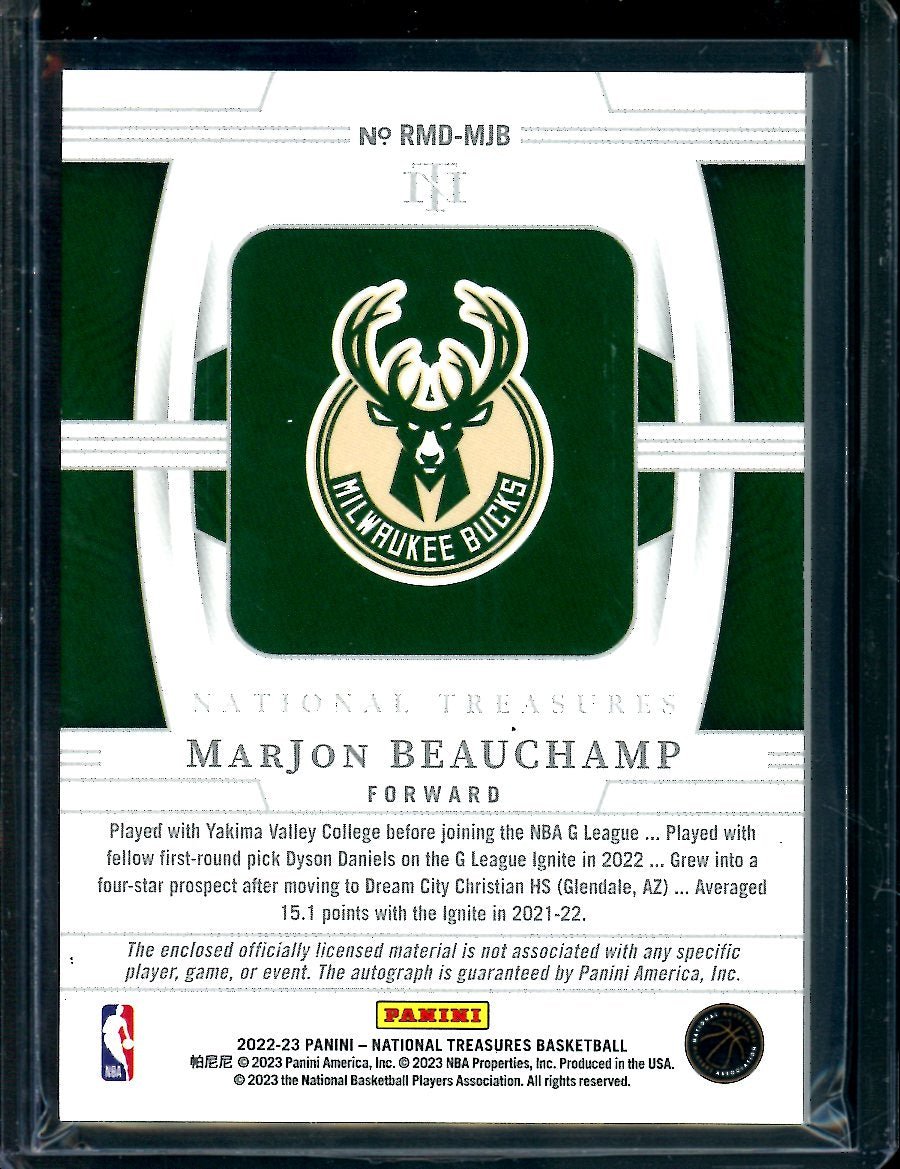 2022/23 Panini National Treasures MarJon Beauchamp Rookie RPA /99 Bucks - Trading Card Market