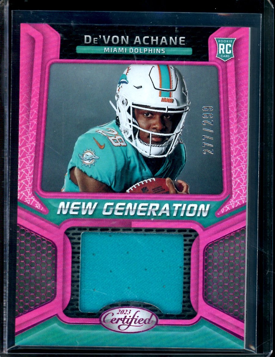 2023 Panini Certified De'Vona Achane New Generation Rookie Patch Pink /299 Dolphins