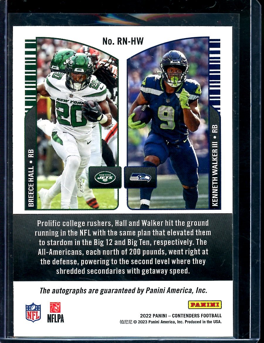 2022 Panini Contenders Breece Hall/Kenneth Walker III Rookie Round 2 Numbers Autographs /49 Jets/Seahawks