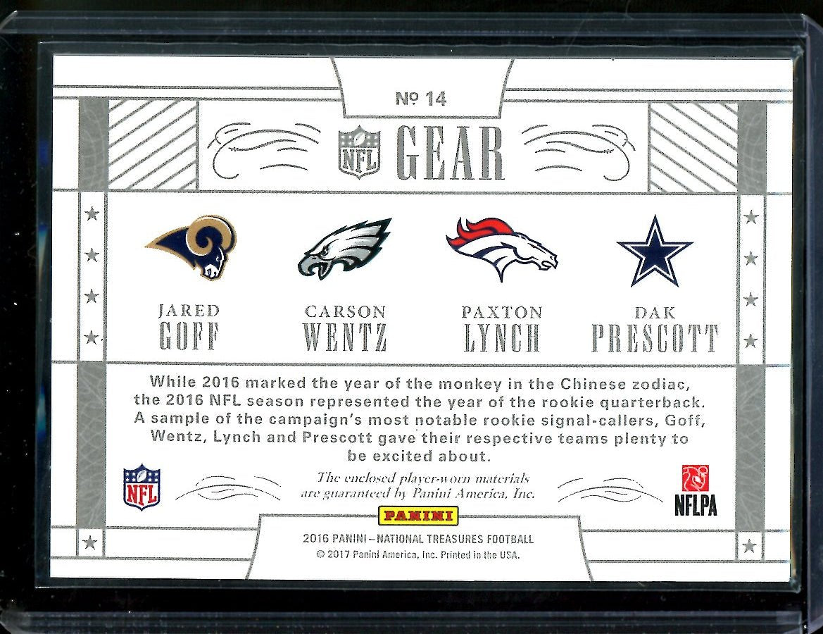 2016 Panini National Treasures Jared Goff/Carson Wentz/Paxton Lynch/Dak Prescott Rookie NFL Gear Quad Patch /99 - Trading Card Market