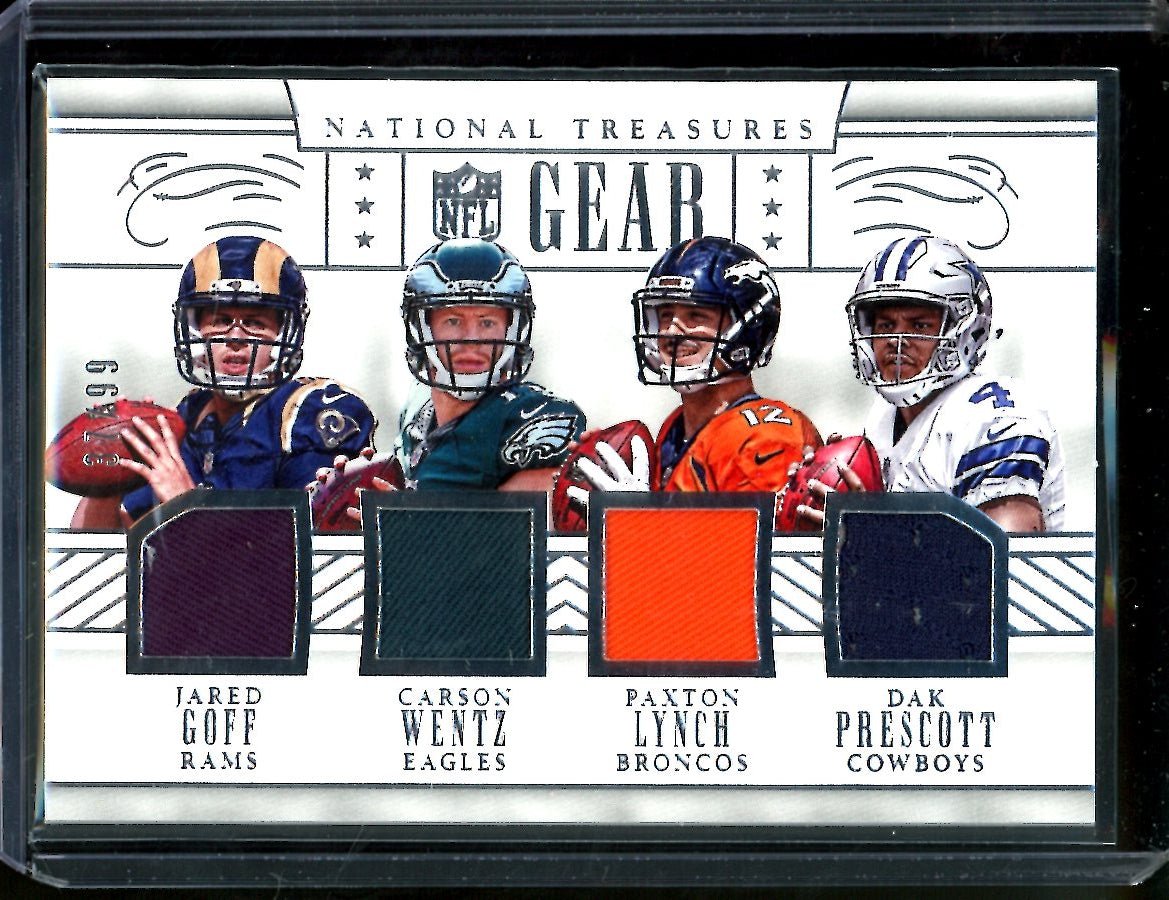 2016 Panini National Treasures Jared Goff/Carson Wentz/Paxton Lynch/Dak Prescott Rookie NFL Gear Quad Patch /99
