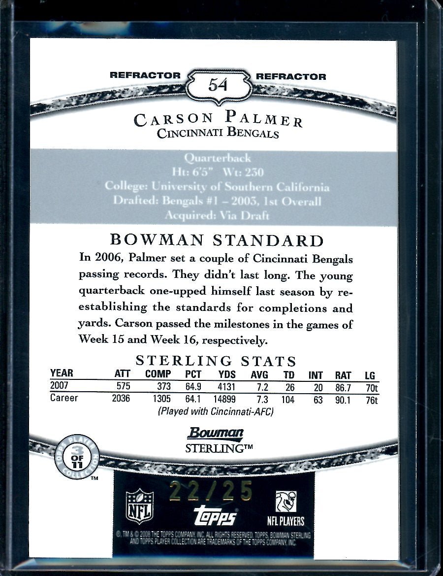 2008 Panini Bowman Sterling Carson Palmer Gold Refractor Patch /25 Bengals - Trading Card Market