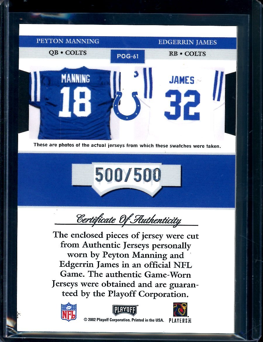 2002 Panini Playoff Peyton Manning/Edgerrin James Team Connections Dual Patch /500 Colts - Trading Card Market
