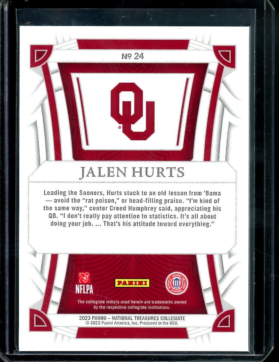 2023 Panini National Treasures Collegiate Jalen Hurts Blue /75 Oklahoma - Trading Card Market