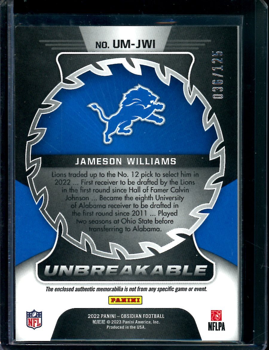 2022 Panini Obsidian Jameson Williams Rookie Unbreakable Patch /125 Lions - Trading Card Market